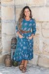 Womens, Flamenco dress with sleeves - 100% Cotton - Blue Lagoon