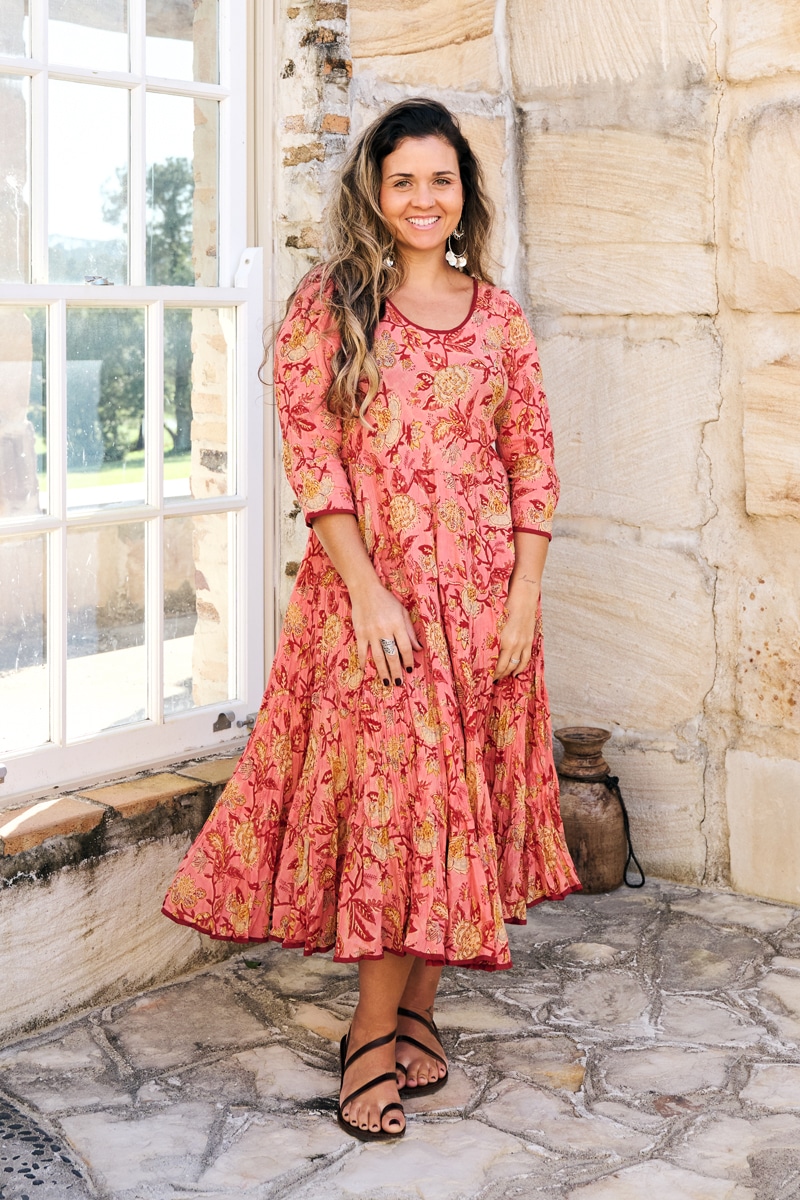 Womens, midi, Flamenco Dress, 100% Cotton, hand block print. Reverie