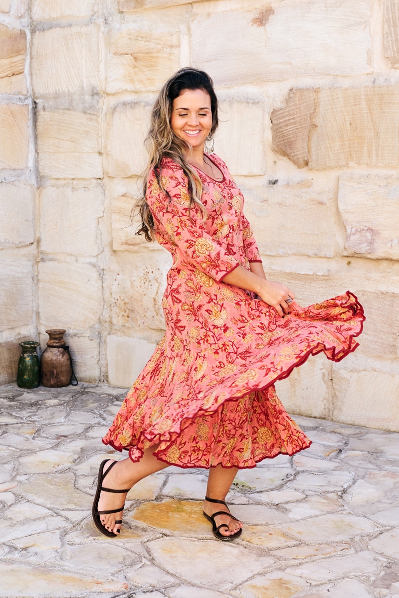 Womens, midi, Flamenco Dress, 100% Cotton, hand block print. Reverie