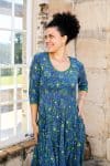 Womens, midi, Flamenco Dress, 100% Cotton, hand block print. Blue Green Wren