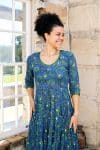 Womens, midi, Flamenco Dress, 100% Cotton, hand block print. Blue Green Wren