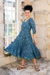 Womens, midi, Flamenco Dress, 100% Cotton, hand block print. Blue Green Wren