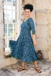 Womens, midi, Flamenco Dress, 100% Cotton, hand block print. Blue Green Wren