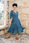 Womens, midi, Flamenco Dress, 100% Cotton, hand block print. Blue Green Wren