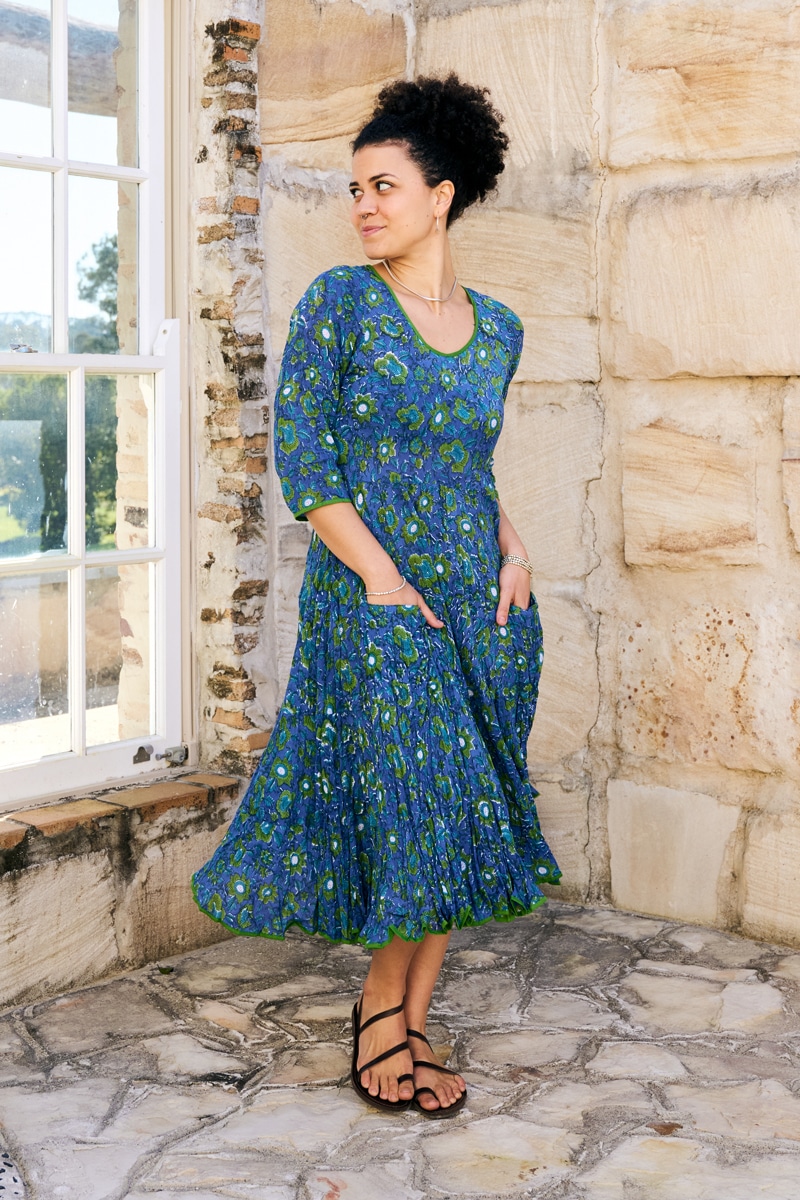Womens, midi, Flamenco Dress, 100% Cotton, hand block print. Blue Green Wren