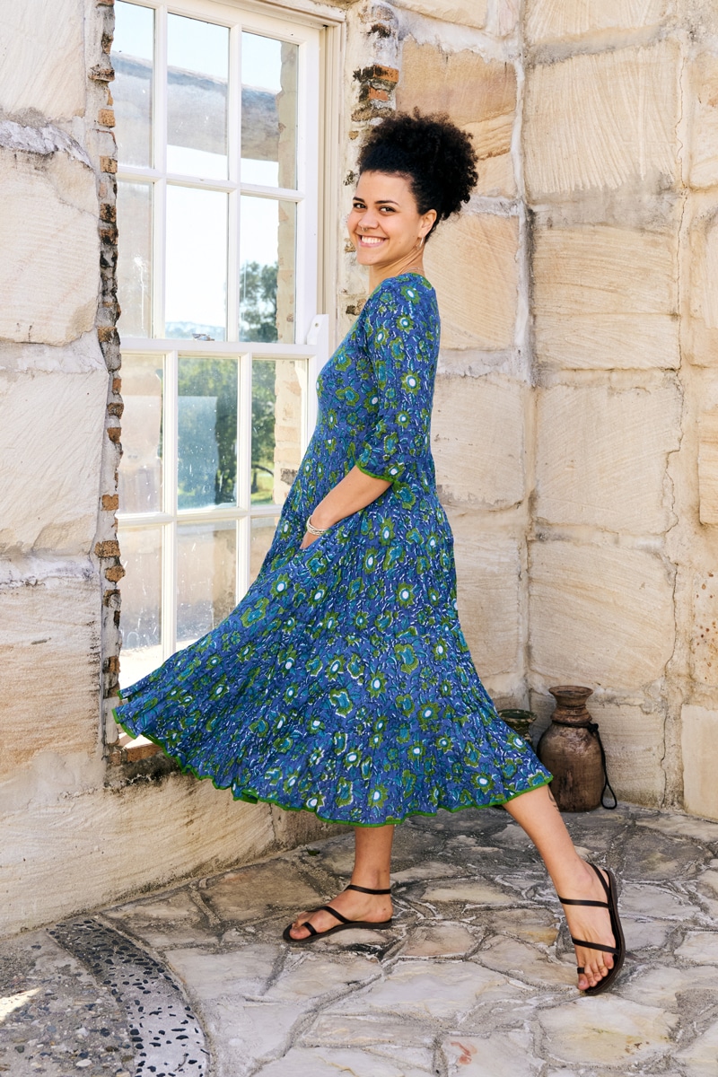 Womens, midi, Flamenco Dress, 100% Cotton, hand block print. Blue Green Wren