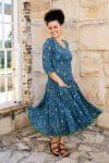 Womens, midi, Flamenco Dress, 100% Cotton, hand block print. Blue Green Wren