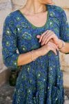 Womens, midi, Flamenco Dress, 100% Cotton, hand block print. Blue Green Wren