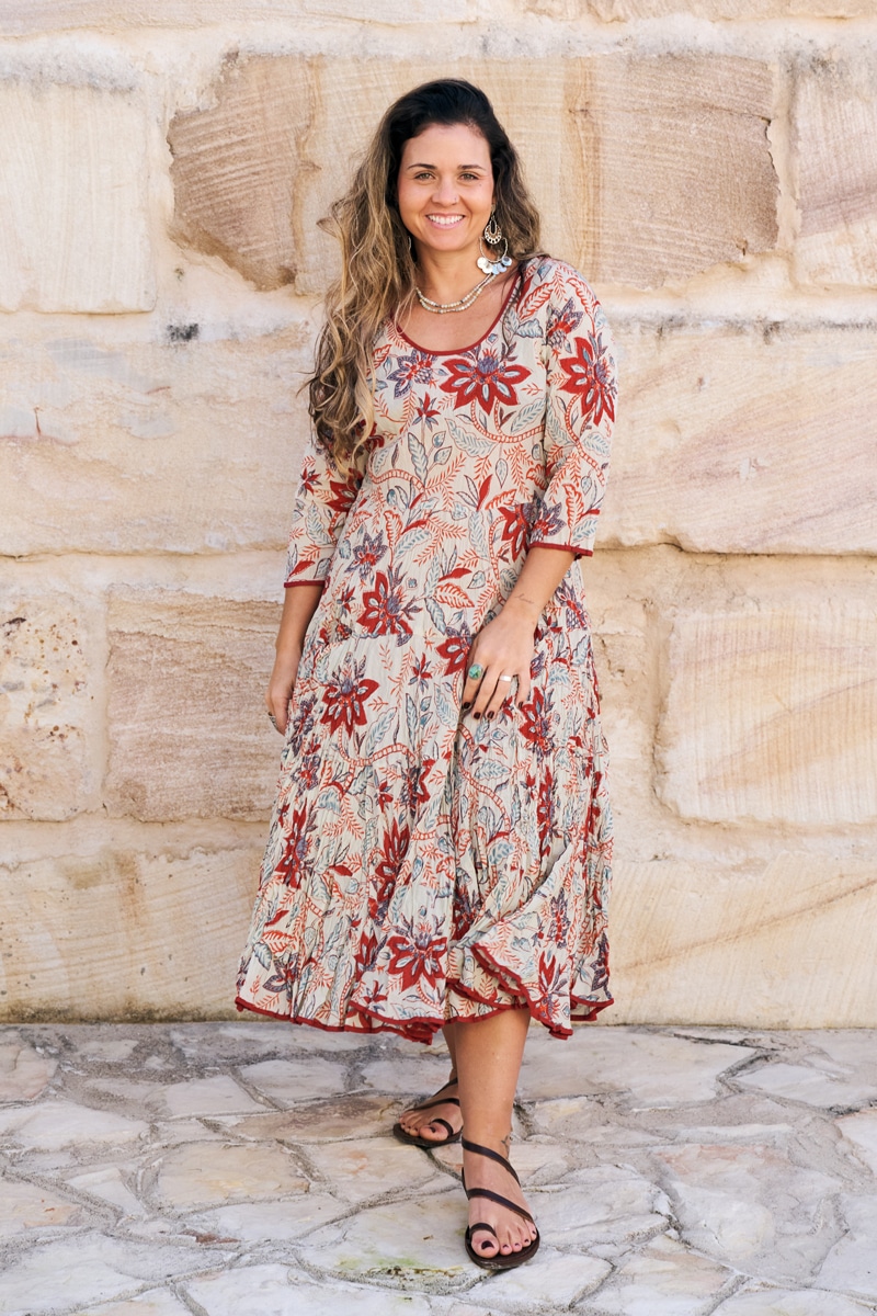 Womens, midi, Flamenco Dress, 100% Cotton, hand block print. in autumn floral - Roshan