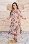 Womens, midi, Flamenco Dress, 100% Cotton, hand block print. in autumn floral - Roshan