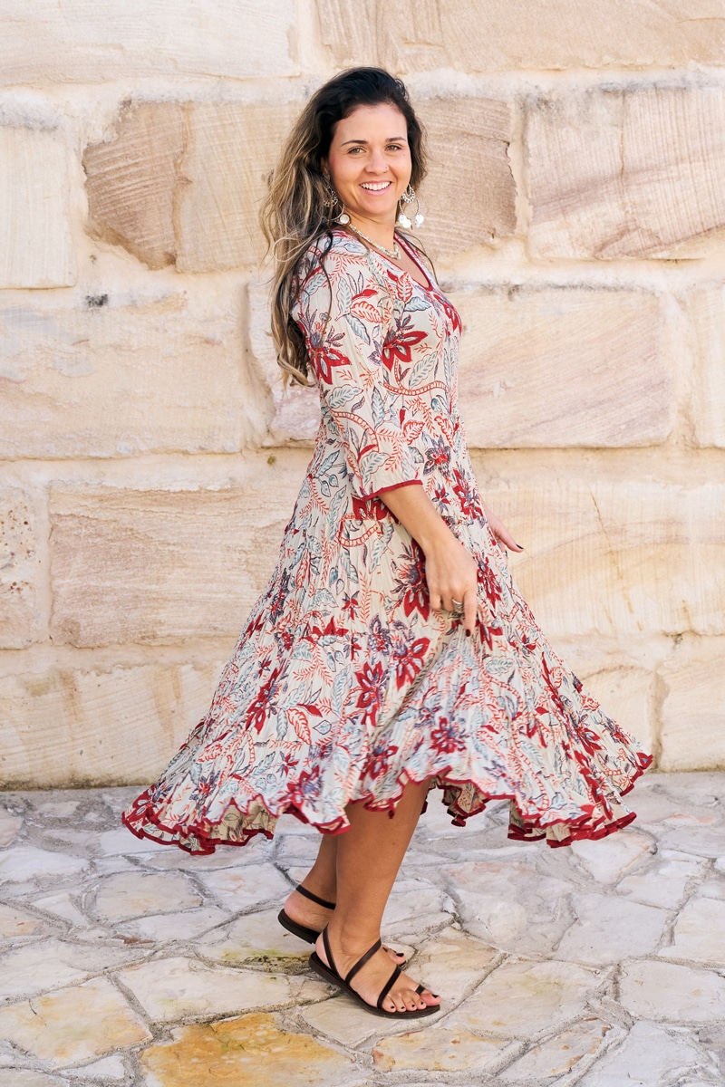 Womens, midi, Flamenco Dress, 100% Cotton, hand block print. in autumn floral - Roshan