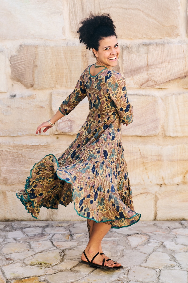 Womens, midi, Flamenco Dress, 100% Cotton, hand block print. in Myridia