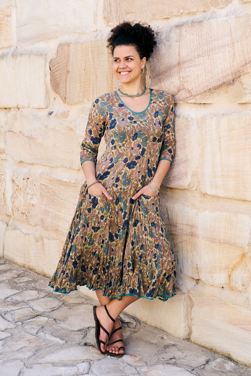 Womens, midi, Flamenco Dress, 100% Cotton, hand block print. in Myridia