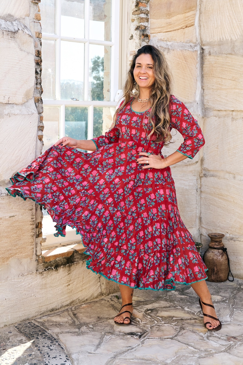Womens, midi, Flamenco Dress, 100% Cotton, hand block print. in Ruby Veda
