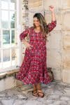 Womens, midi, Flamenco Dress, 100% Cotton, hand block print. in Ruby Veda
