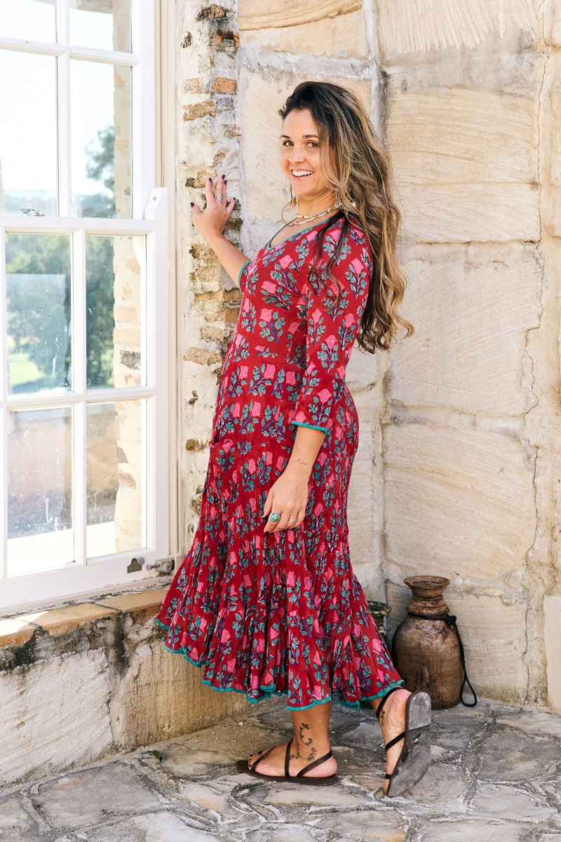 Womens, midi, Flamenco Dress, 100% Cotton, hand block print. in Ruby Veda