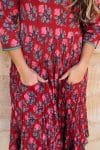 Womens, midi, Flamenco Dress, 100% Cotton, hand block print. in Ruby Veda