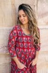 Womens, midi, Flamenco Dress, 100% Cotton, hand block print. in Ruby Veda