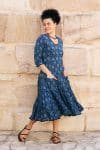 Womens, midi, Flamenco Dress, 100% Cotton, hand block print. in Indigo Lila