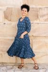 Womens, midi, Flamenco Dress, 100% Cotton, hand block print. in Indigo Lila