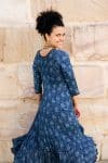 Womens, midi, Flamenco Dress, 100% Cotton, hand block print. in Indigo Lila