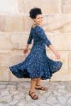 Womens, midi, Flamenco Dress, 100% Cotton, hand block print. in Indigo Lila