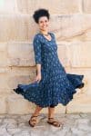 Womens, midi, Flamenco Dress, 100% Cotton, hand block print. in Indigo Lila