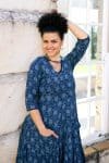 Womens, midi, Flamenco Dress, 100% Cotton, hand block print. in Indigo Lila