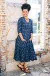 Womens, midi, Flamenco Dress, 100% Cotton, hand block print. in Indigo Lila