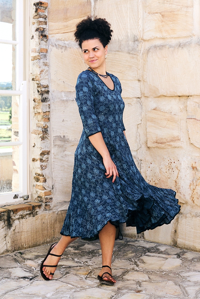 Womens, midi, Flamenco Dress, 100% Cotton, hand block print. in Indigo Lila