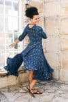 Womens, midi, Flamenco Dress, 100% Cotton, hand block print. in Indigo Lila