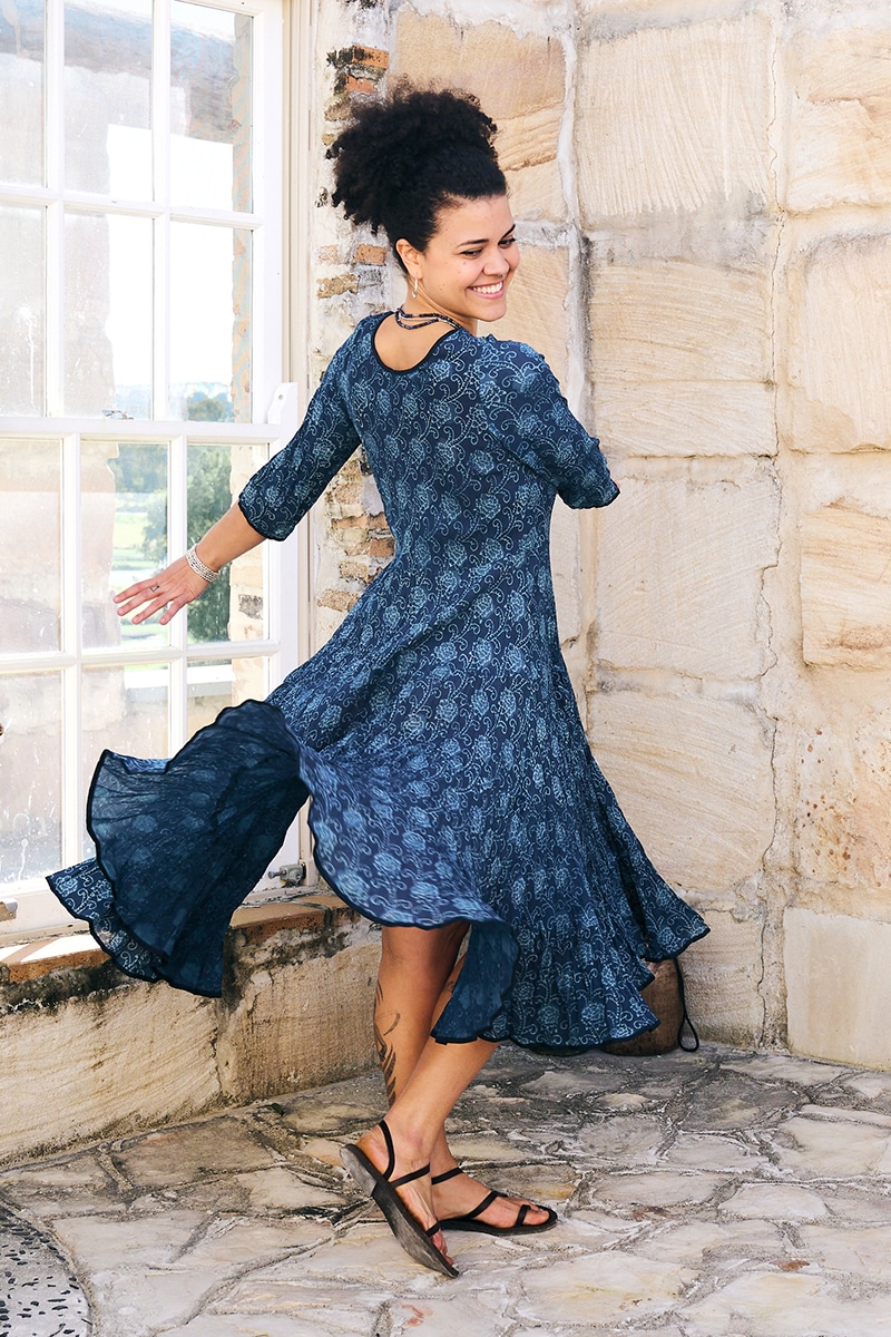 Womens, midi, Flamenco Dress, 100% Cotton, hand block print. in Indigo Lila