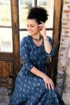 Womens, midi, Flamenco Dress, 100% Cotton, hand block print. in Indigo Lila