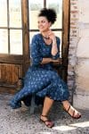 Womens, midi, Flamenco Dress, 100% Cotton, hand block print. in Indigo Lila