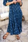 Womens, midi, Flamenco Dress, 100% Cotton, hand block print. in Indigo Lila