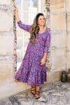 Womens, midi, Flamenco Dress, 100% Cotton, hand block print. in Serenade