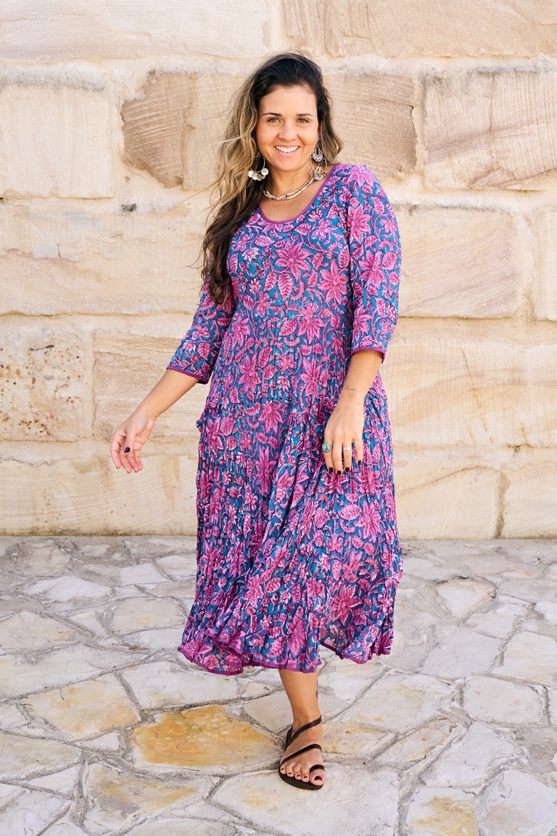 Womens, midi, Flamenco Dress, 100% Cotton, hand block print. in Serenade