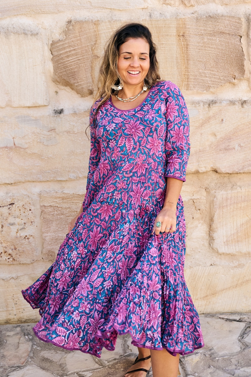 Womens, midi, Flamenco Dress, 100% Cotton, hand block print. in Serenade