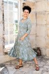 Womens, midi, Flamenco Dress, 100% Cotton, hand block print. in Sea Willow