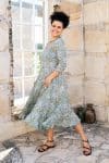 Womens, midi, Flamenco Dress, 100% Cotton, hand block print. in Sea Willow