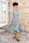 Womens, midi, Flamenco Dress, 100% Cotton, hand block print. in Sea Willow
