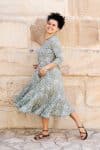 Womens, midi, Flamenco Dress, 100% Cotton, hand block print. in Sea Willow