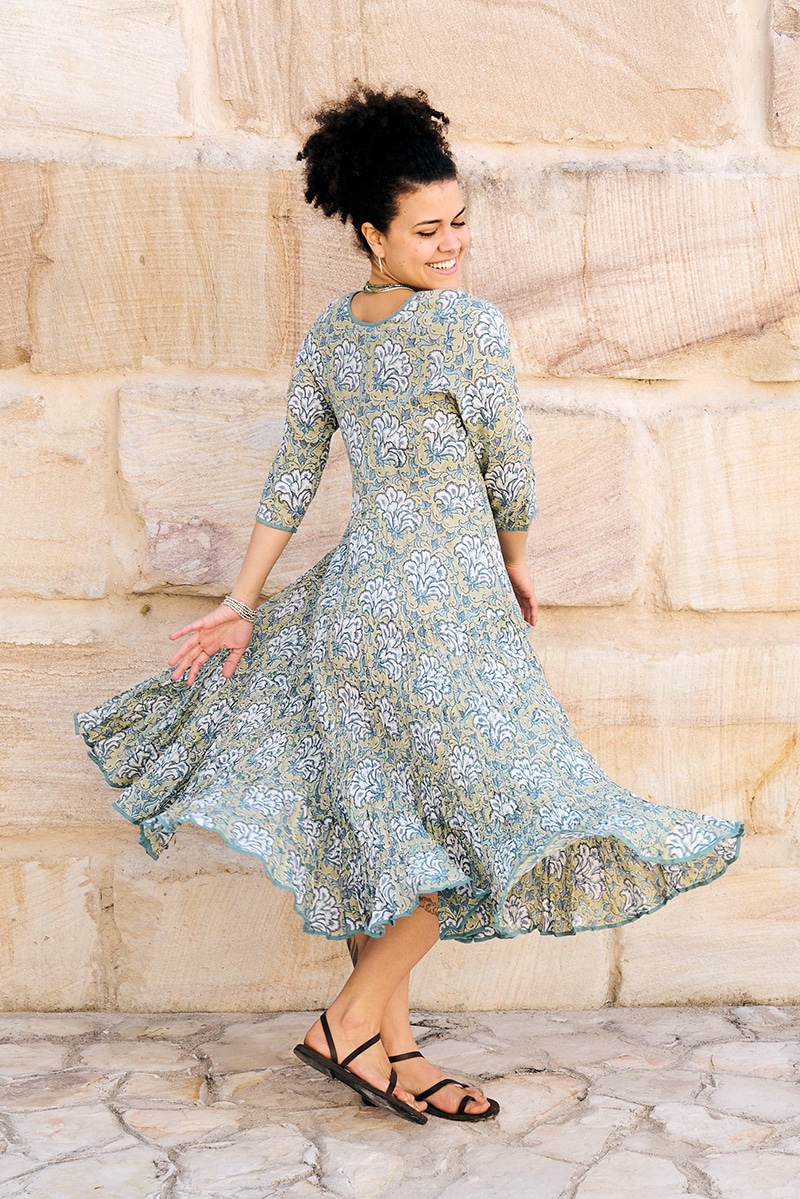 Womens, midi, Flamenco Dress, 100% Cotton, hand block print. in Sea Willow