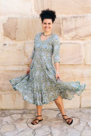 Womens, midi, Flamenco Dress, 100% Cotton, hand block print. in Sea Willow