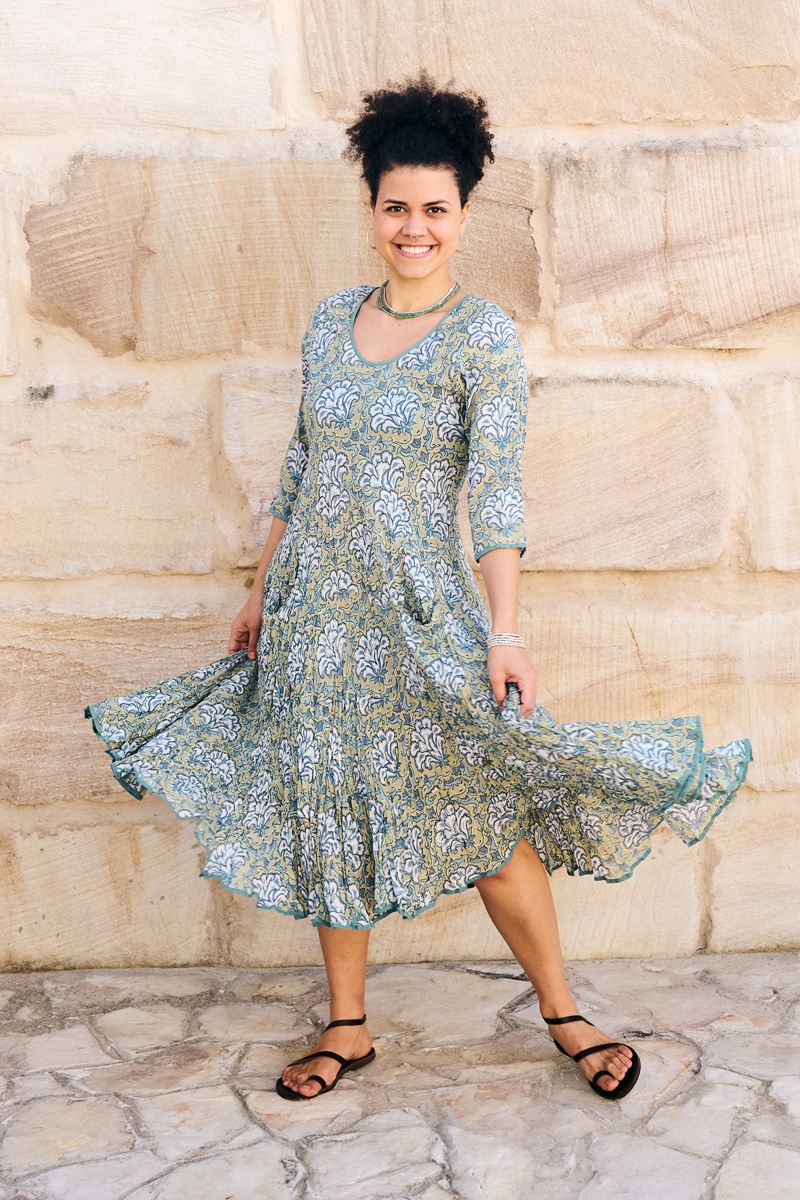 Womens, midi, Flamenco Dress, 100% Cotton, hand block print. in Sea Willow