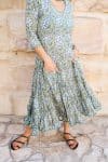 Womens, midi, Flamenco Dress, 100% Cotton, hand block print. in Sea Willow