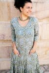 Womens, midi, Flamenco Dress, 100% Cotton, hand block print. in Sea Willow