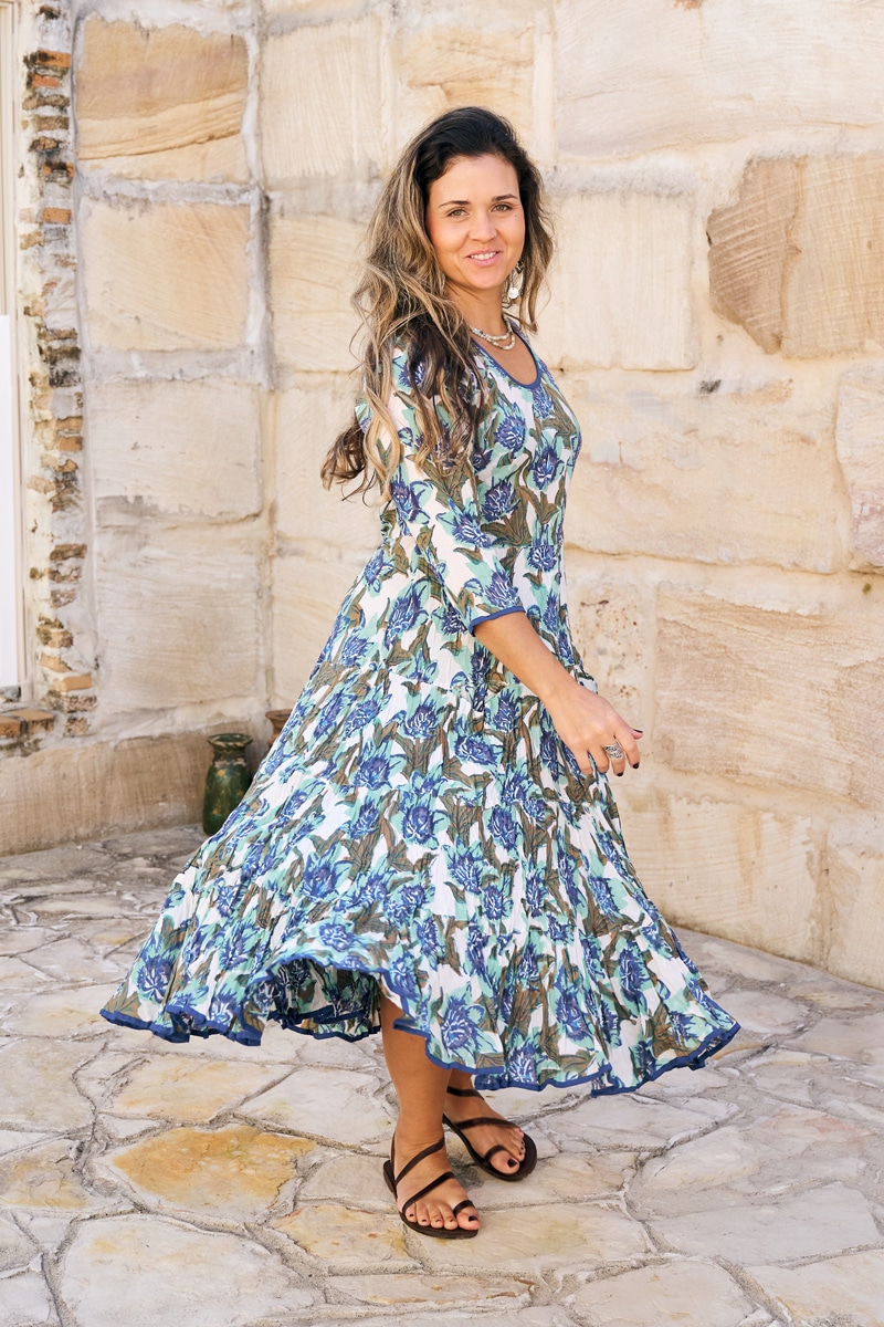 Womens, midi, Flamenco Dress, 100% Cotton, hand block print. in Alora