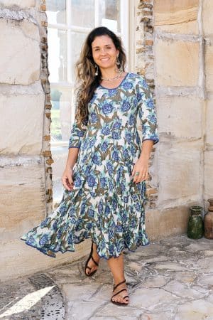 Womens, midi, Flamenco Dress, 100% Cotton, hand block print. in Alora