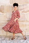 Womens, midi, Flamenco Dress, 100% Cotton, hand block print. Natural Rustic Red Rubira